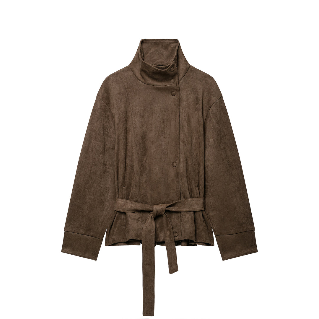 Damen Kurze Veloursleder-Utilityjacke mit hohem Stehkragen und Bindegürtel Drune