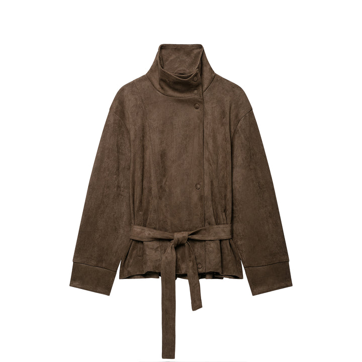 Damen Kurze Veloursleder-Utilityjacke mit hohem Stehkragen und Bindegürtel Drune