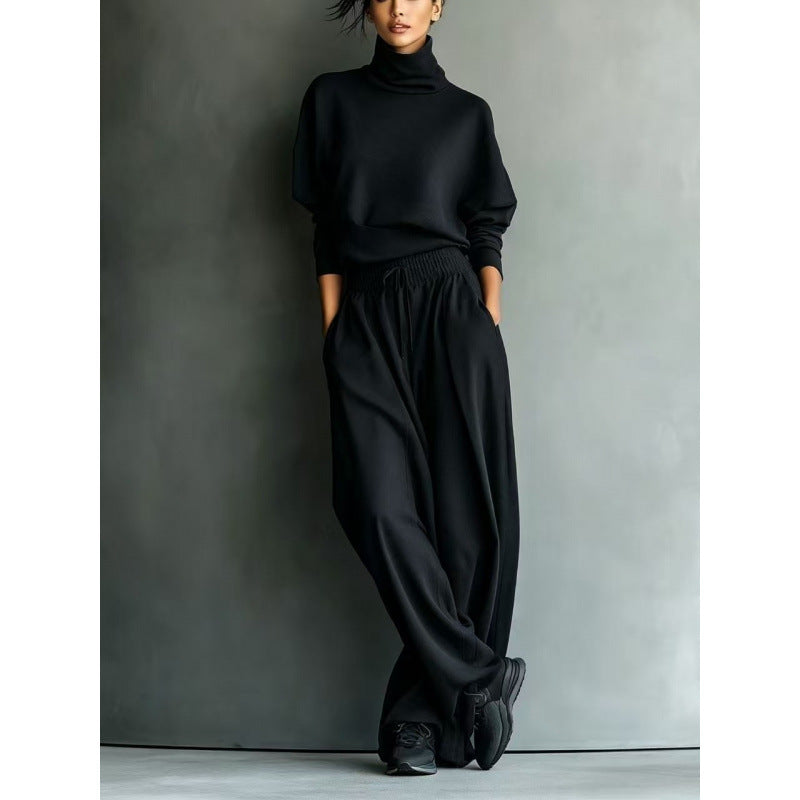 Damen Strick-Loungewear-Set mit Rollkragen und weiten Palazzo-Hosen Drune