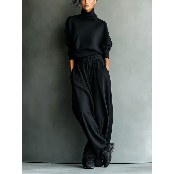 Damen Strick-Loungewear-Set mit Rollkragen und weiten Palazzo-Hosen Drune