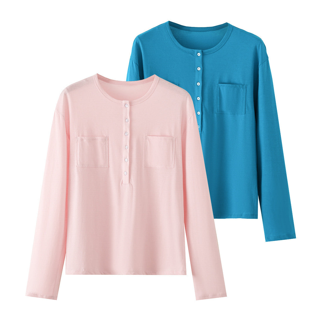 Damen Langarm-Henleyshirt mit Knopfleiste und aufgesetzten Brusttaschen Drune