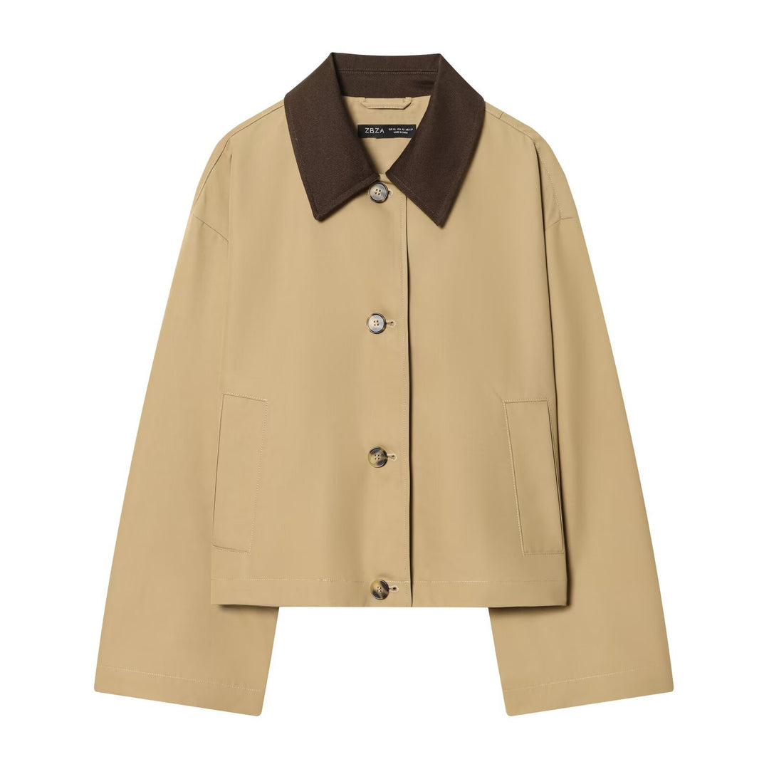 Damen Kurze Oversize-Harringtonjacke mit Kontrastkragen und aufgesetzten Taschen Drune