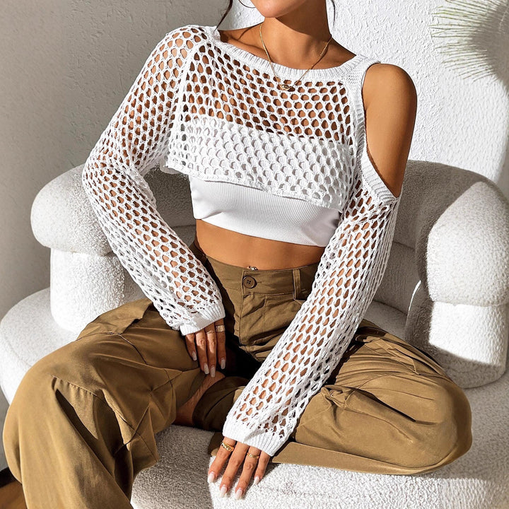 Damen gestricktes Netzoberteil mit offenen Schultern und modischem Design Drune
