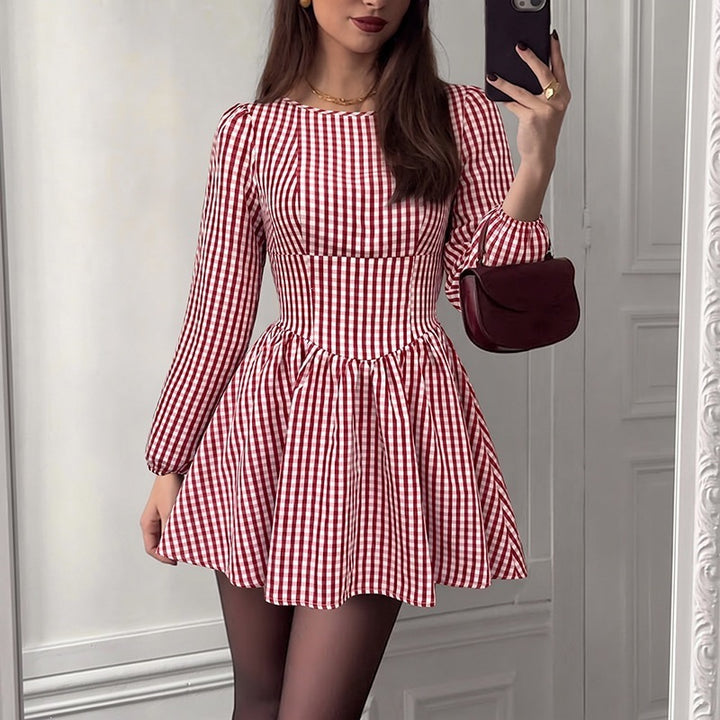 Damen V-Ausschnitt Mini Kleid mit Puffärmeln Drune