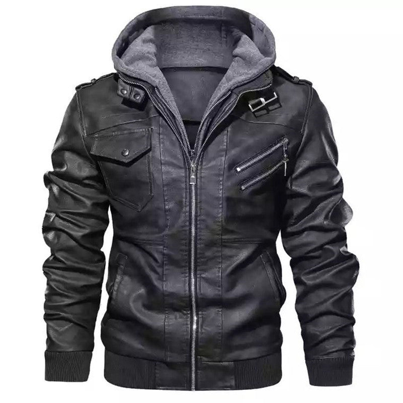 Herren Lederimitat-Kapuzenjacke im Aviator-Stil mit Reißverschluss, Pattentaschen und Ziernähten Drune