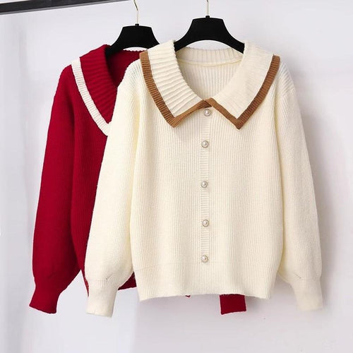 Damen Strickjacke mit Kontrastkragen und dekorativen Perlenknöpfen Drune