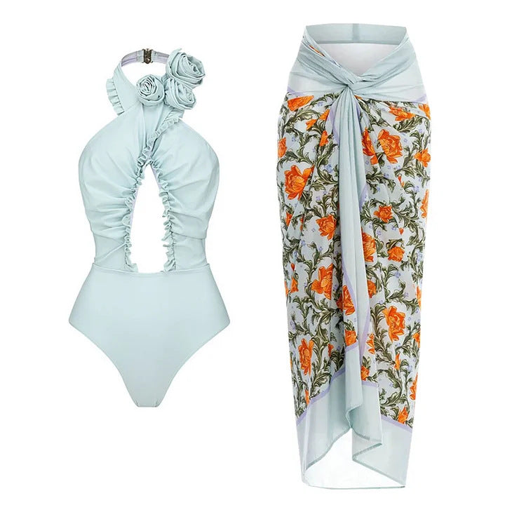 Damen Hochwertiger einteiliger Badeanzug mit außergewöhnlichem Schnitt und floralen Details Drune