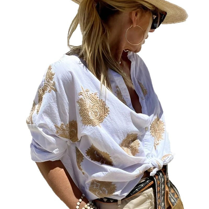 Damen nan Oversize-Hemdbluse mit Knotenfront und Paisley-Stickerei Drune