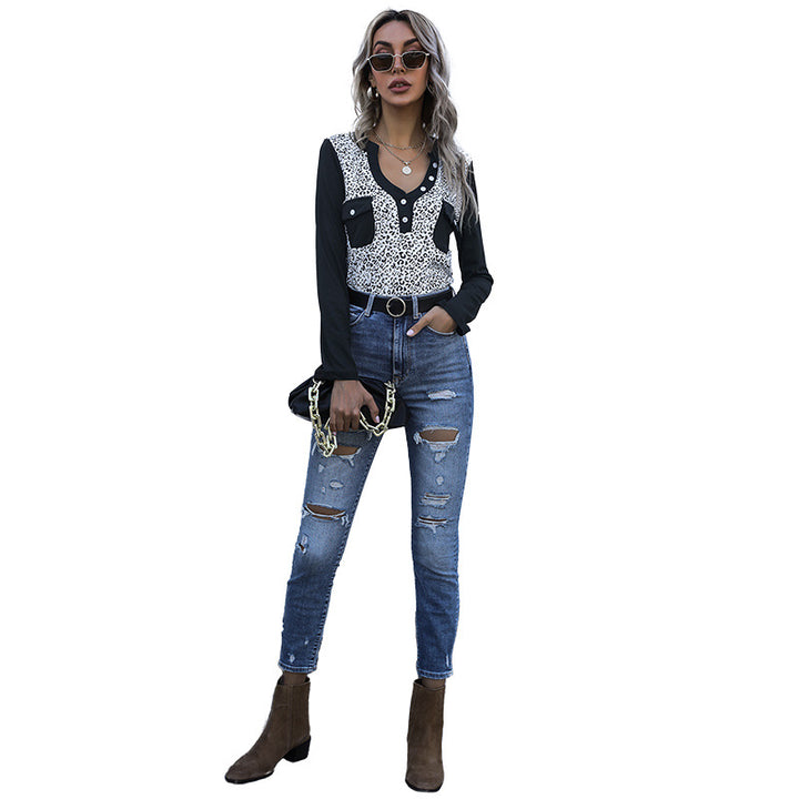 Damen Langarmshirt im Animal-Print mit kontrastierenden Ärmeln, Knopfleiste und Brusttaschen Drune