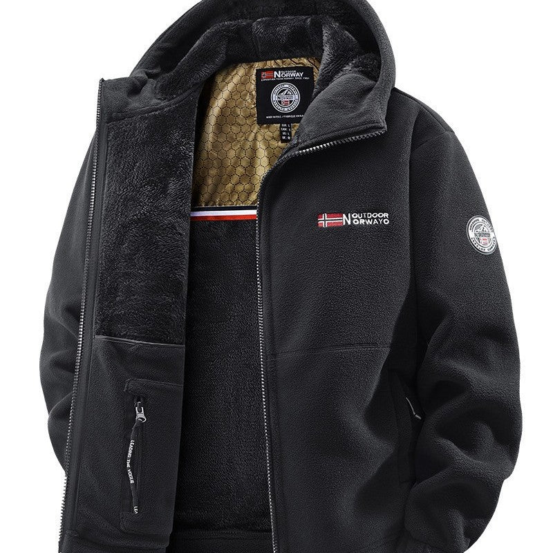 Herren Kuschelige Fleece‑Kapuzenjacke mit Teddyfutter, windabweisend und Reißverschlusstaschen Drune