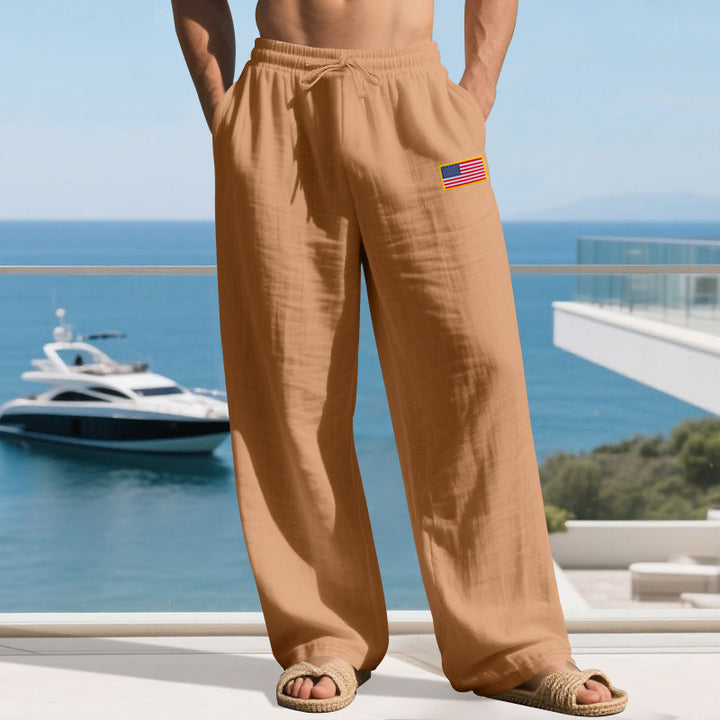 Herren nan lässige Leichtgewicht-Loungehose mit Tunnelzugbund, weitem Bein und Flaggen-Patch Drune
