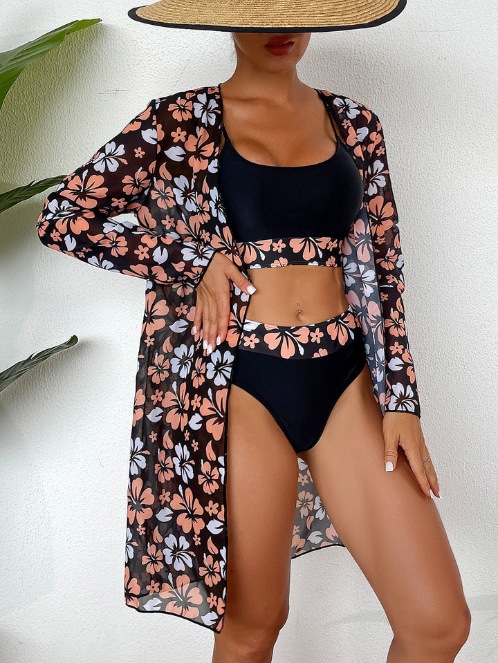 Damen Strandcover-Up mit floralem Design und eleganter Transparenz Drune