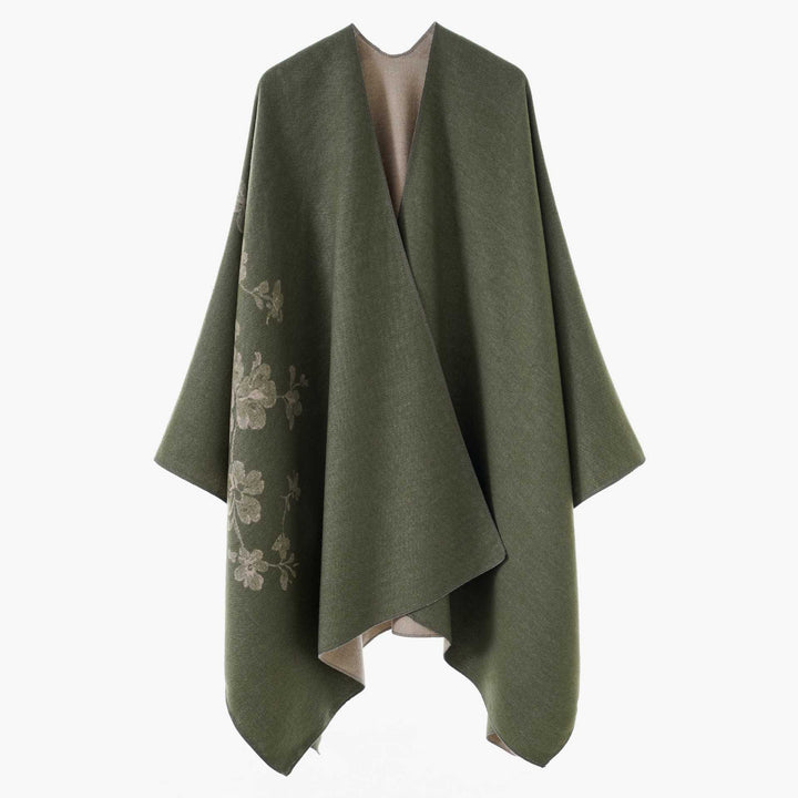 Damen Offener Reversibler Wollmix‑Cape mit floralem Jacquard Drune
