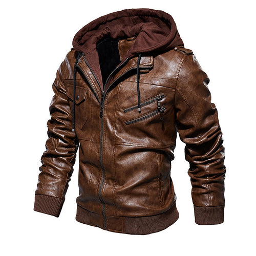 Herren Stylische Kunstlederjacke mit Hoodie Drune