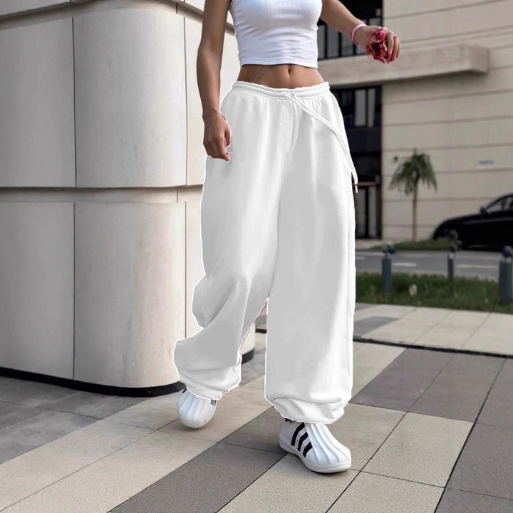 Damen nan weite Baggy-Jogginghose mit hohem Komfortbund, Kordelzug und elastischen Knöchelbündchen Drune
