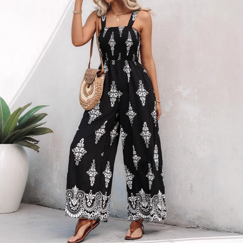 Damen luftiger Jumpsuit mit floralem Design und praktischen Taschen Drune