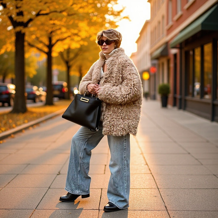 Damen Oversized Kunstfellmantel mit hohem Kragen und Teddystruktur Drune