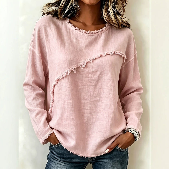 Damen Legeres Longsleeve mit diagonaler Fransenapplikation und ausgefranstem Rundhals Drune