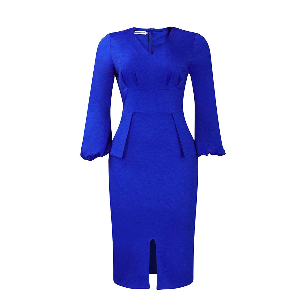 Damen Figurbetontes Midi-Kleid mit Puffärmeln und Schlitz Drune