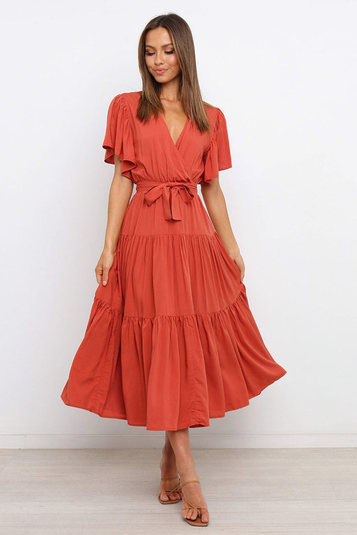Damen Fließendes Maxi-Kleid mit Wickelbindung und Schmetterlingsärmeln Drune