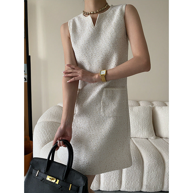 Damen elegantes ärmelloses Kleid mit strukturiertem Gewebe und Taschen Drune
