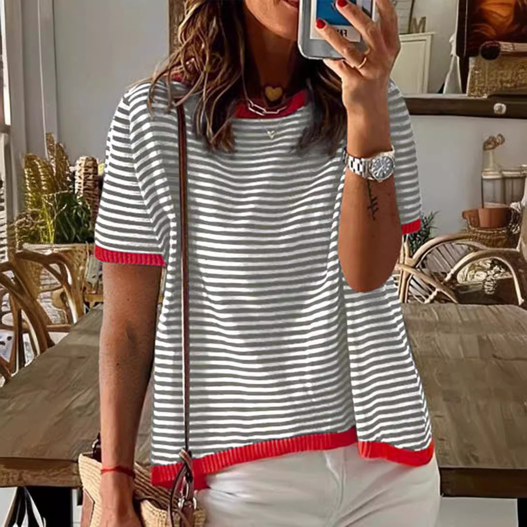Damen gestreiftes Kurzarmshirt mit kontrastierenden Bündchen und weichem Material Drune