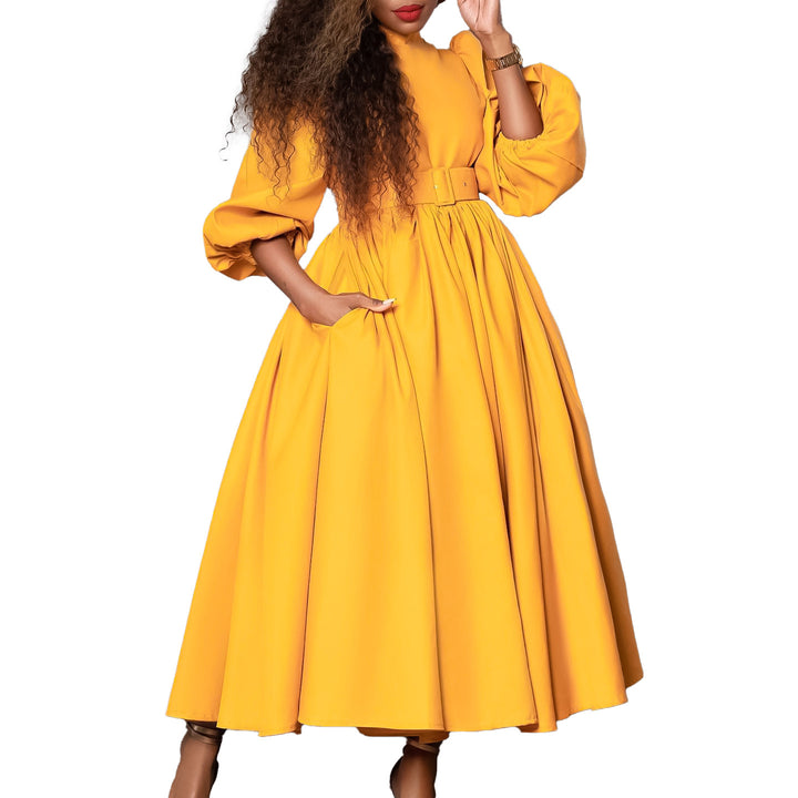 Damen Maxikleid mit hochgeschlossenem Kragen und abnehmbarem Taillengürtel Drune