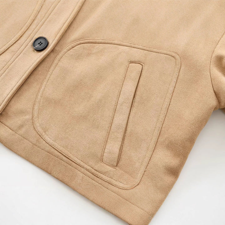 Damen Cropped-Boxy-Übergangsjacke in Veloursoptik mit Hemdkragen und aufgesetzten Taschen Drune