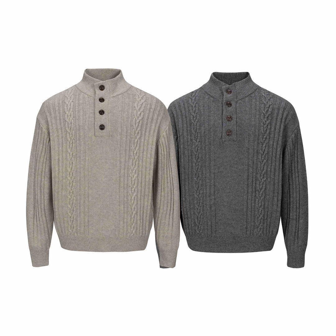 Herren Grobstrukturierter Strickpullover mit Stehkragen und Knopfleiste Drune