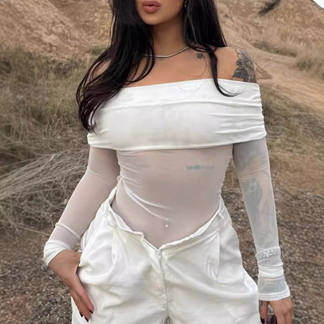 Damen Off-Shoulder Langarmbody mit transparenten Akzenten Drune