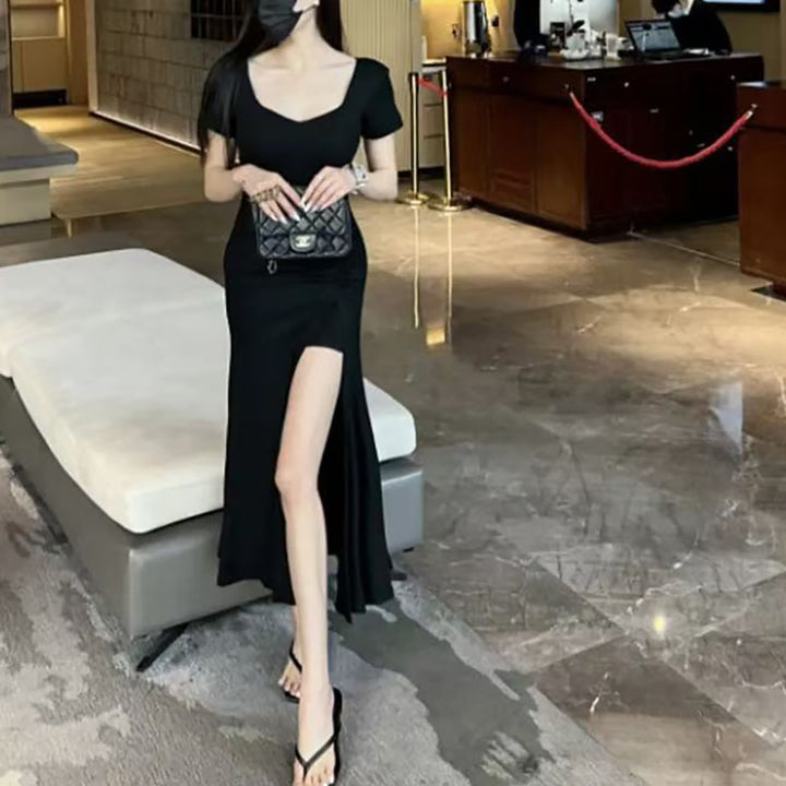 Damen figurbetontes langes Kleid mit schickem Raffungseffekt und hohem Schlitz Drune