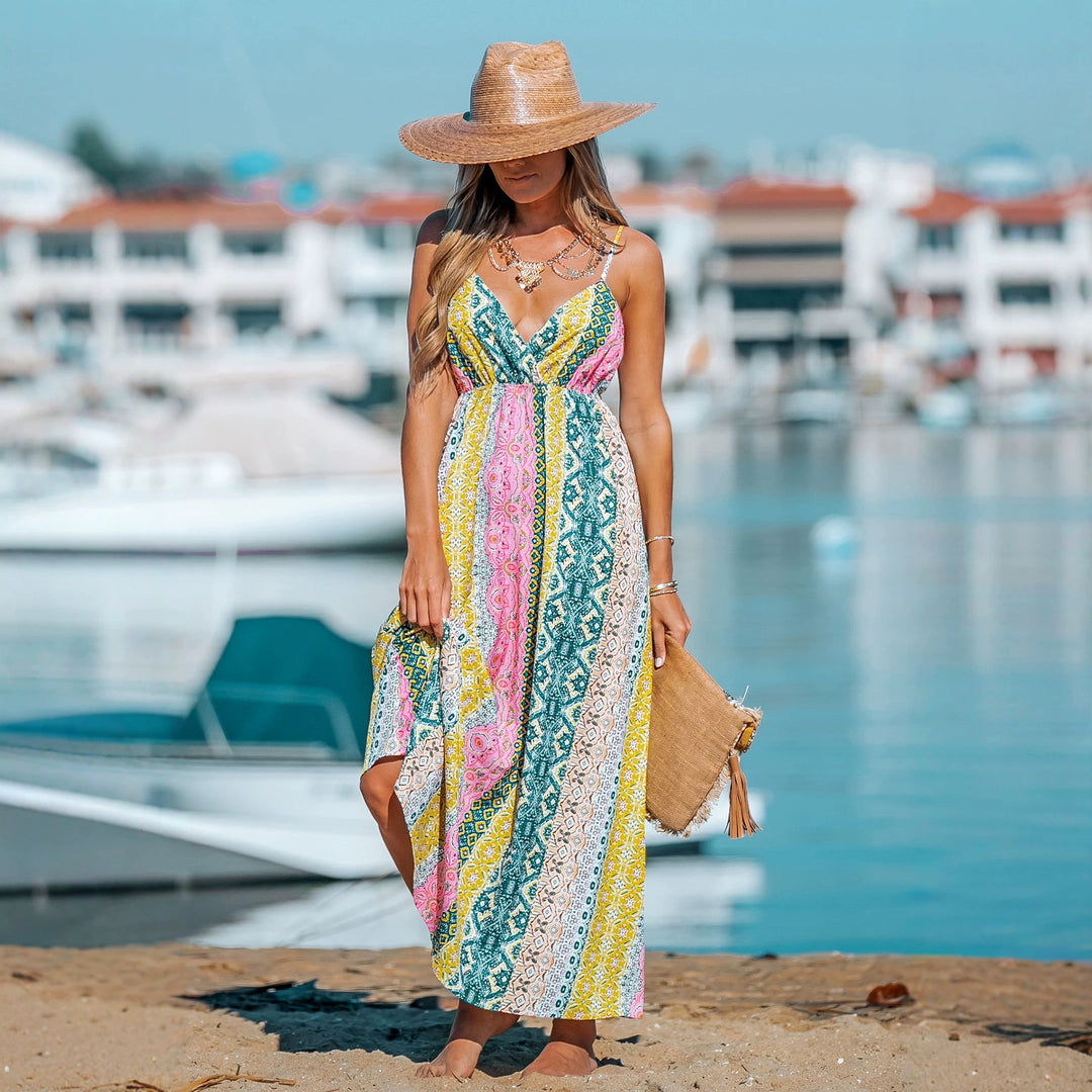 Drune | Bohemian Maxikleid mit V-Ausschnitt und Druck für Damen