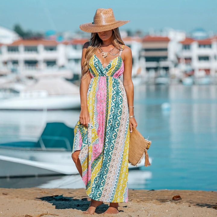 Drune | Bohemian Maxikleid mit V-Ausschnitt und Druck für Damen