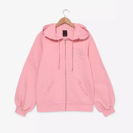Damen nan Rüschen-Kapuzen-Sweatjacke mit Ballonärmeln und Strasslogo Drune