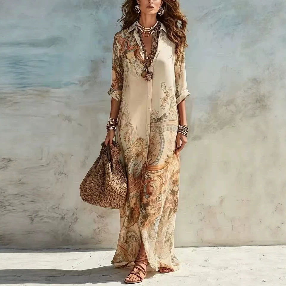 Damen Langarmshirt Kleid im Boho Barock Druck aus luftiger Chiffonqualität Drune