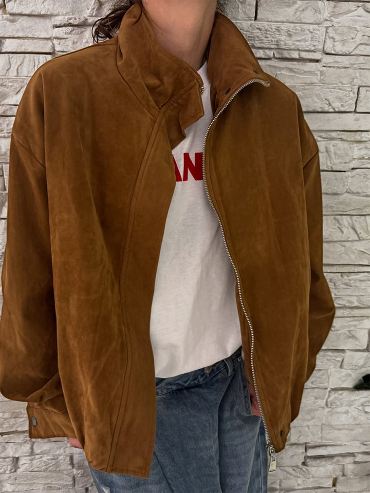 Damen Oversize Veloursleder-Blouson mit hohem Stehkragen und Metallreißverschluss Drune
