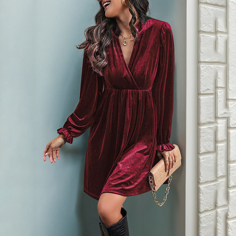 Damen Elegantes Samtkleid mit V-Ausschnitt und langen Ärmeln Drune