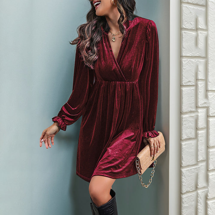 Damen Elegantes Samtkleid mit V-Ausschnitt und langen Ärmeln Drune