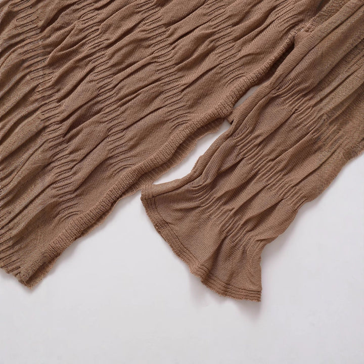Damen Asymmetrische Tunika in Knitteroptik mit Bindeband und Trompetenärmeln Drune