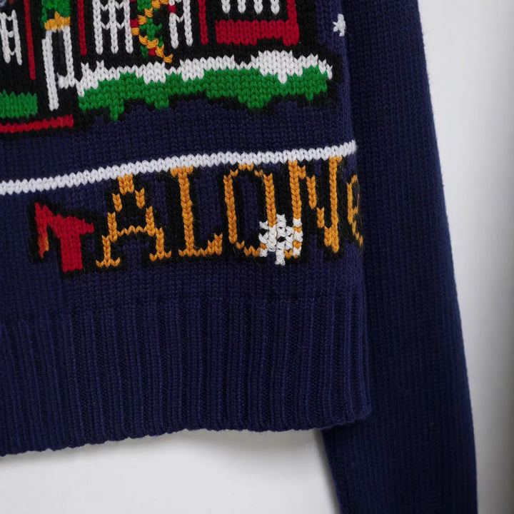 Damen Cropped-Weihnachtspullover mit Intarsia-Hausmotiv und Rundhalsausschnitt Drune