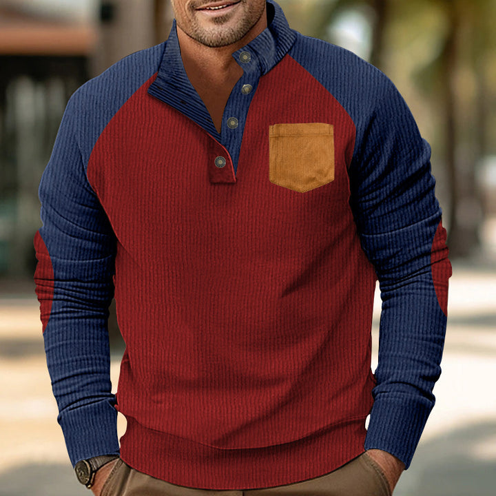 Herren Geripptes Henley‑Pullover mit Raglanärmeln, Ellenbogen‑Patches & Brusttasche Drune