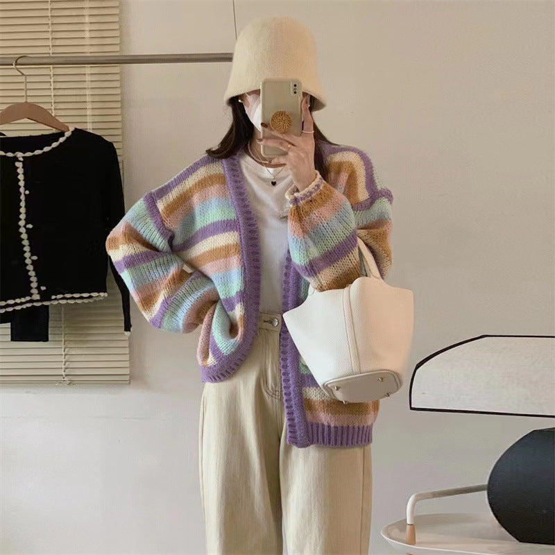 Damen Gemütlicher Strickcardigan mit buntem Streifenmuster und weitem Schnitt Drune