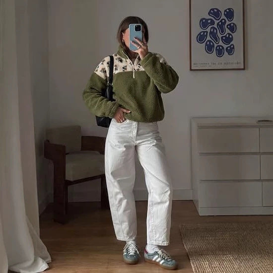 Damen Teddy-Fleece-Pullover mit Stehkragen, floralem Besatz und halbem Reißverschluss Drune
