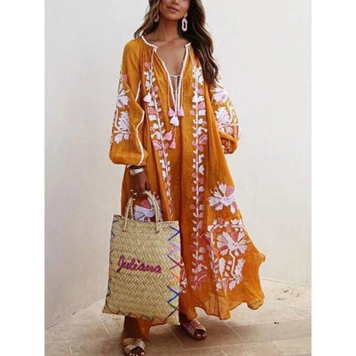 Damen Besticktes Boho-Maxikleid mit Ballonärmeln und Quastenverschluss Drune