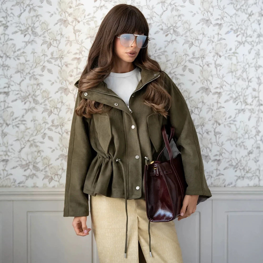 Damen Kurzblouson aus Veloursleder-Optik mit Kapuze, Tunnelzug‑Taillierung und Pattentaschen Drune