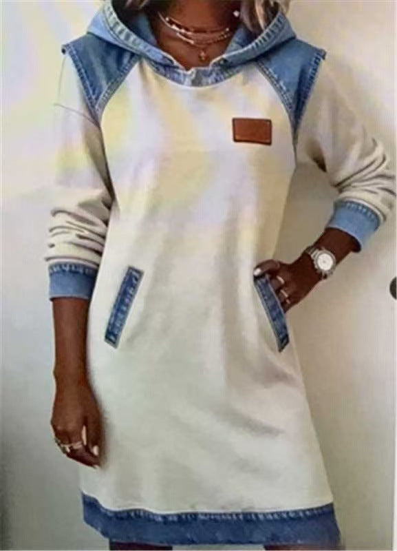 Damen nan Kapuzen-Sweatkleid mit Jeans-Applikationen, Kängurutaschen und lässigem Schnitt Drune