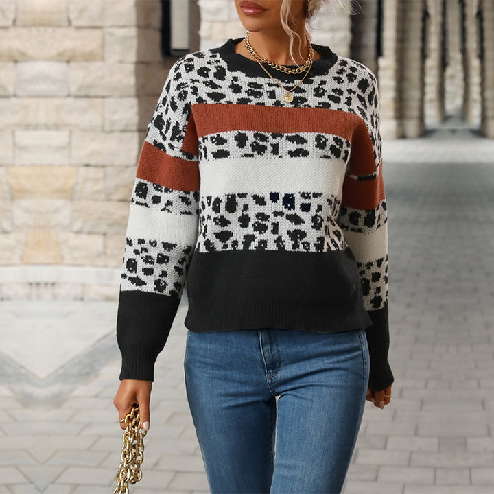 Damen Feinstrickpullover mit Animalprint‑Blockstreifen und geripptem Saum Drune
