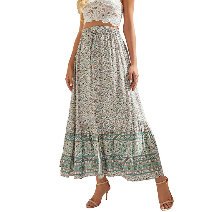 Damen Maxirock mit ausgefallenem Floral-Design und Knopfdetails Drune