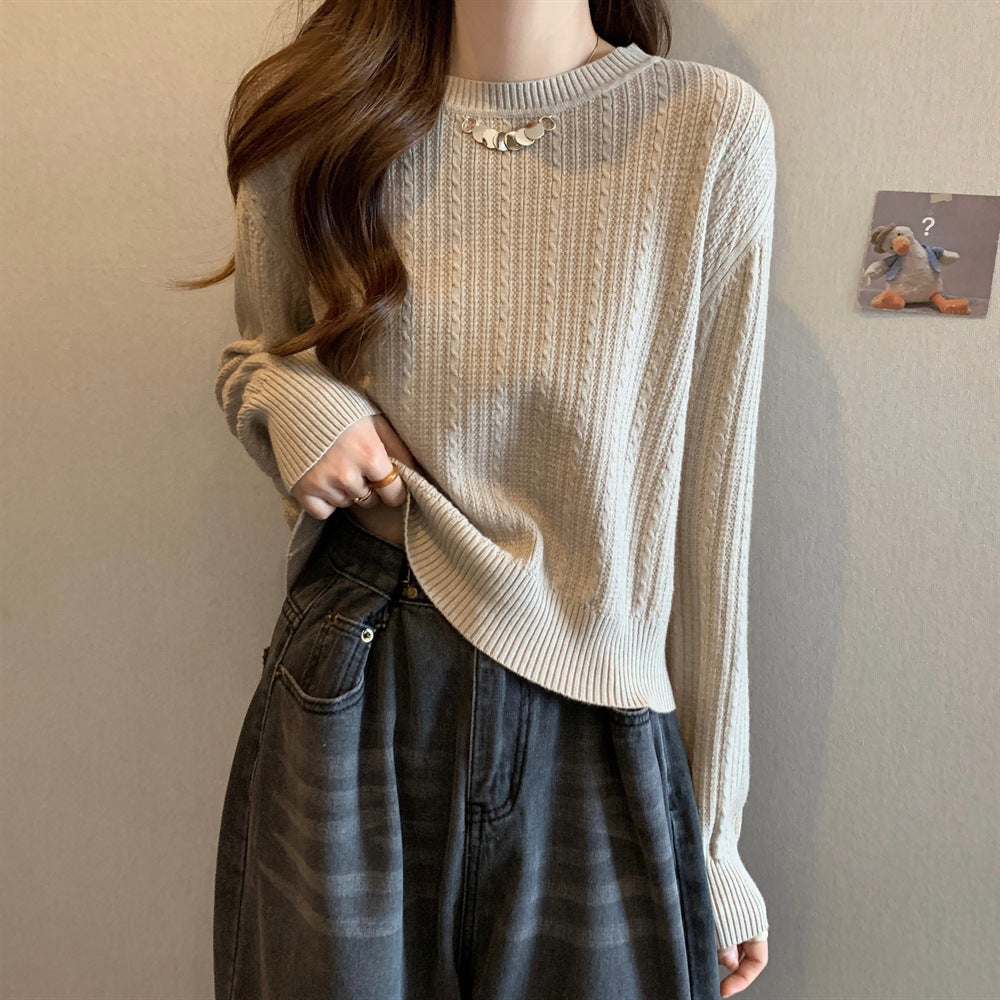Damen lockerer Strickpullover mit feiner Rippstruktur und eleganter Kragenverzierung Drune