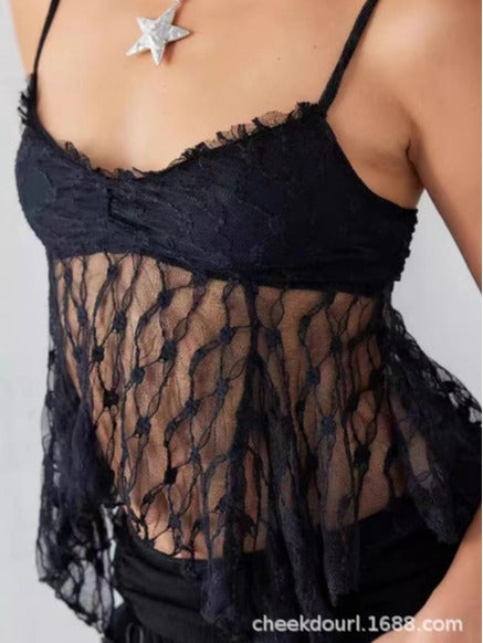 Damen Spitzentop mit transparenten Details und feinen Trägern Drune